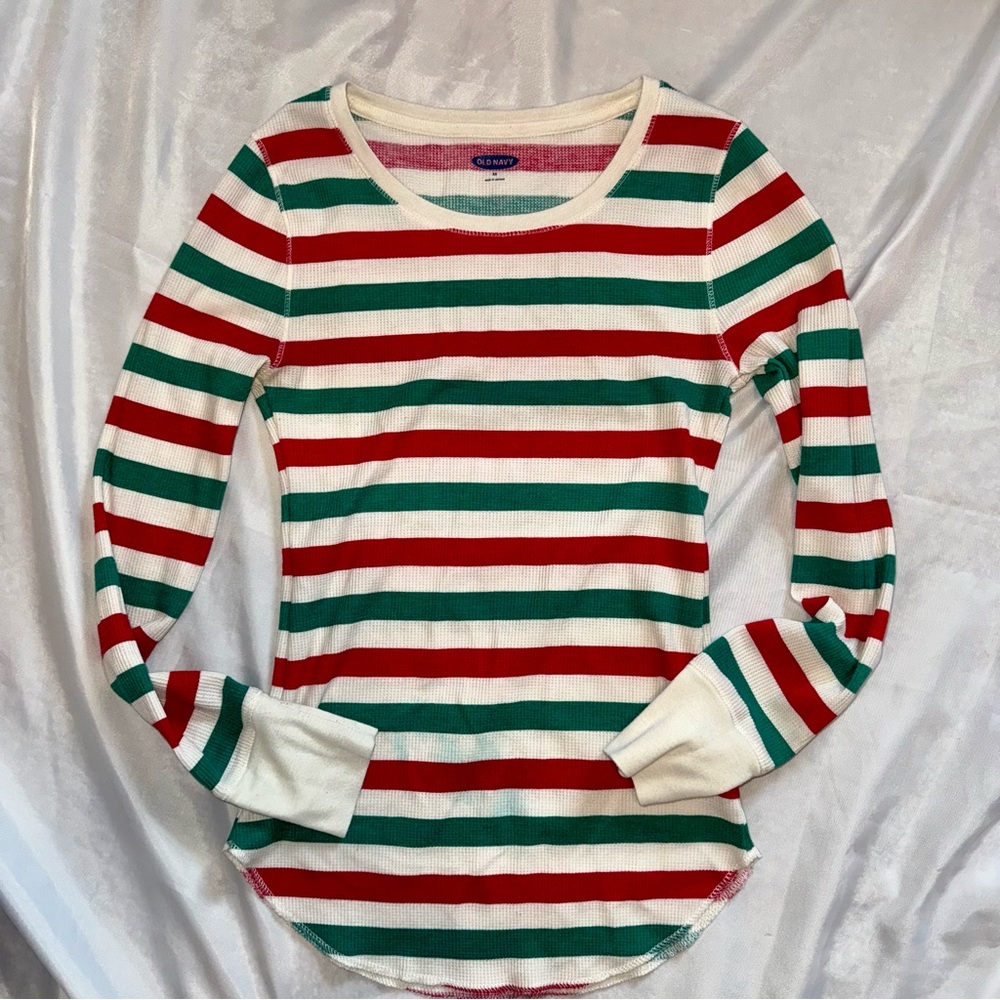 Old Navy Ladie’s XS Christmas Red White‎ Green Striped Long Sleeve Thermal Top